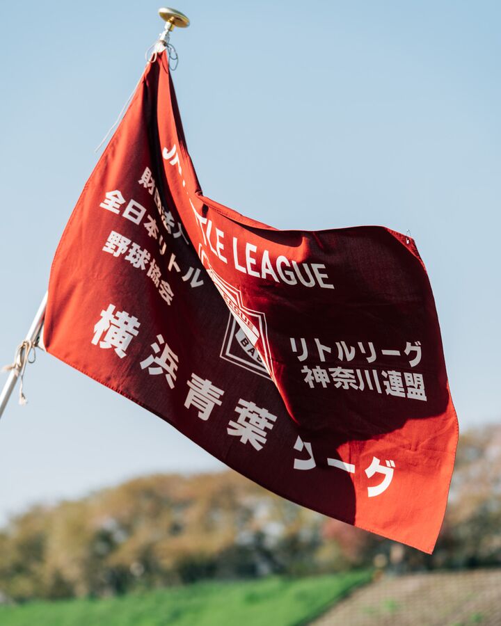 青空に翻る横浜青葉リーグの旗